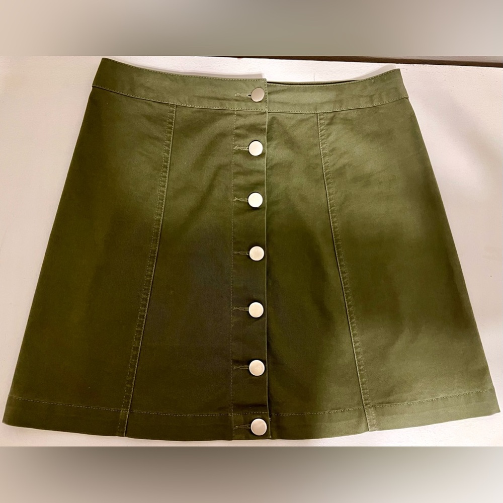 NUDE Brand Army Green Button Front Mini Skirt Denim Slight Stretch Size Medium - Picture 2 of 13